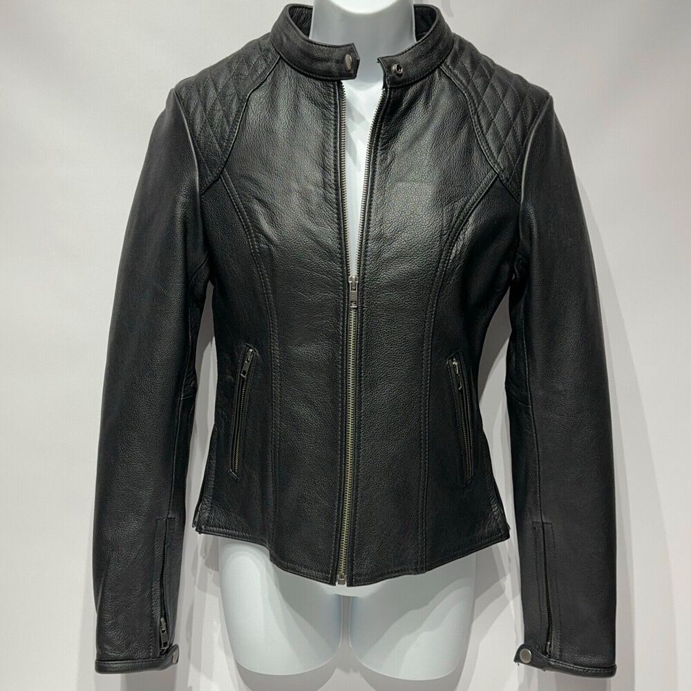 VTG First Manufacturing Black Leather Moto Jacket Removable Lining Women Size S